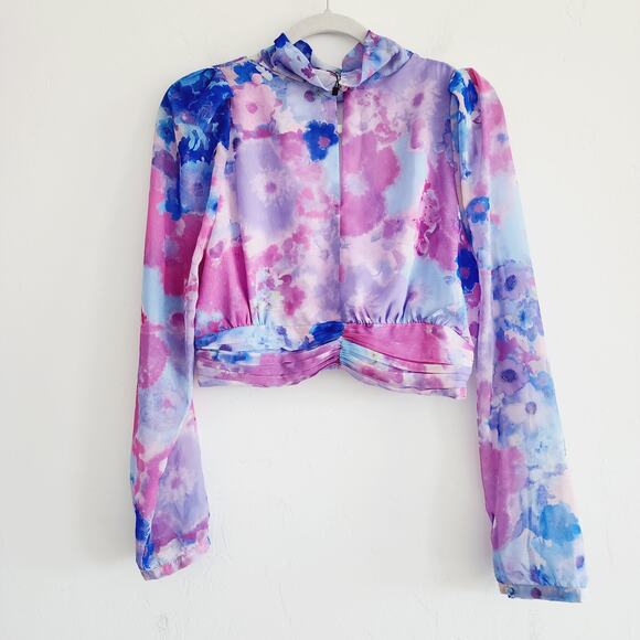 Zara Purple & Blue Floral Long Sleeve V-neck Top Choker Collar Size Large - Picture 6 of 10